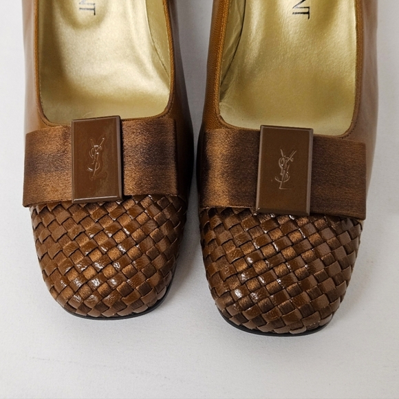 Yves Saint Laurent Woven Leather And Satin Bow Heels In Brown And Bronze Sz 6.5 - Picture 10 of 15